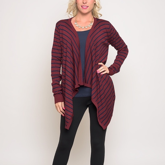STRIPE Wine/Navy Open Cardigan Sweater - Picture 1 of 2